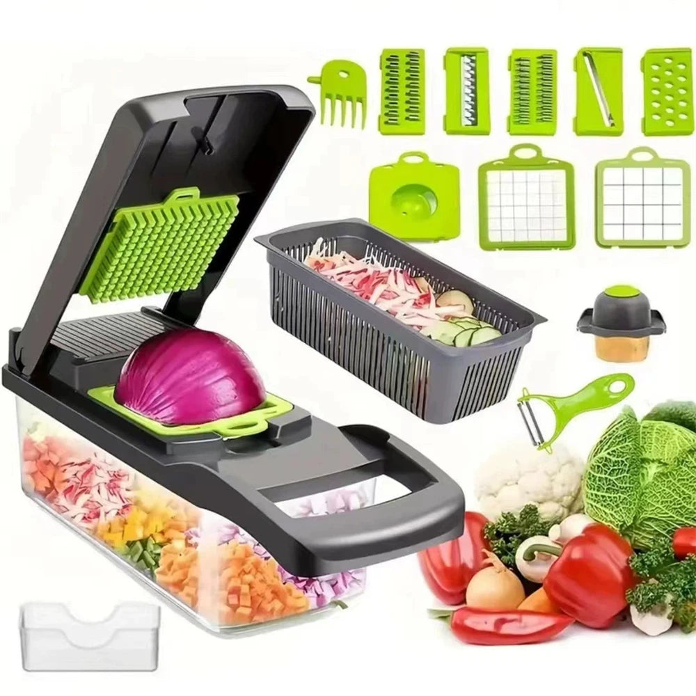 12-in-1 Multi-Functional Vegetable Slicer, Cutter & Grater with Drain Basket