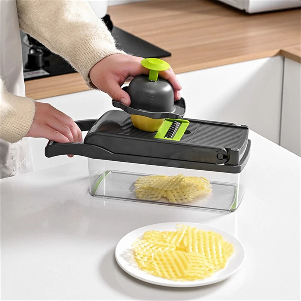 12-in-1 Multi-Functional Vegetable Slicer, Cutter & Grater with Drain Basket