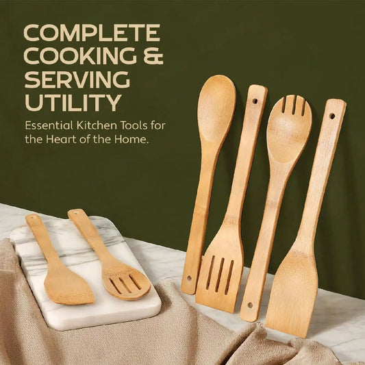 6-Piece Wooden Utensil Set - Natural Bamboo Spoons & Spatulas for Cooking, Kitchen Gadgets, Eco-Friendly Tools