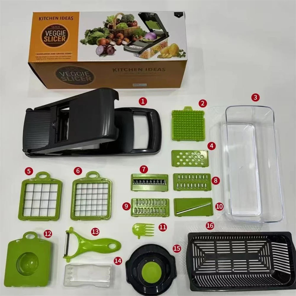 12-in-1 Multi-Functional Vegetable Slicer, Cutter & Grater with Drain Basket