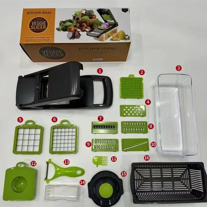 12-in-1 Multi-Functional Vegetable Slicer, Cutter & Grater with Drain Basket