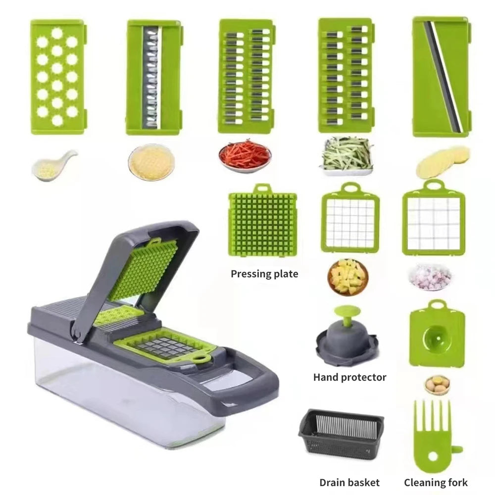 12-in-1 Multi-Functional Vegetable Slicer, Cutter & Grater with Drain Basket